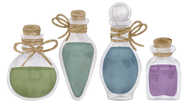 一套水彩插图与绿色，蓝色和紫色药水瓶装饰绳。孤立在白色的。图片下载