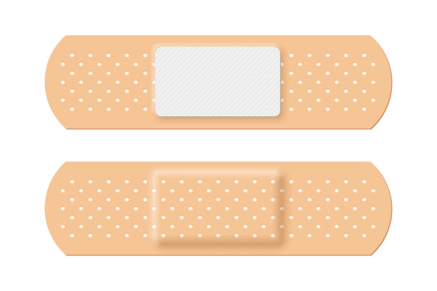 胶粘绷带组的矩形形状，三维现实的创可贴，背面和前面的观点图片下载