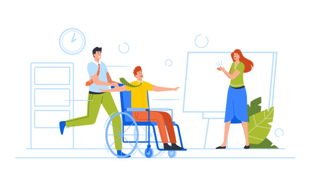 办公室与残疾同事的乐趣，年轻的经理放松在咖啡休息卷人坐在轮椅上在办公室周围图片下载