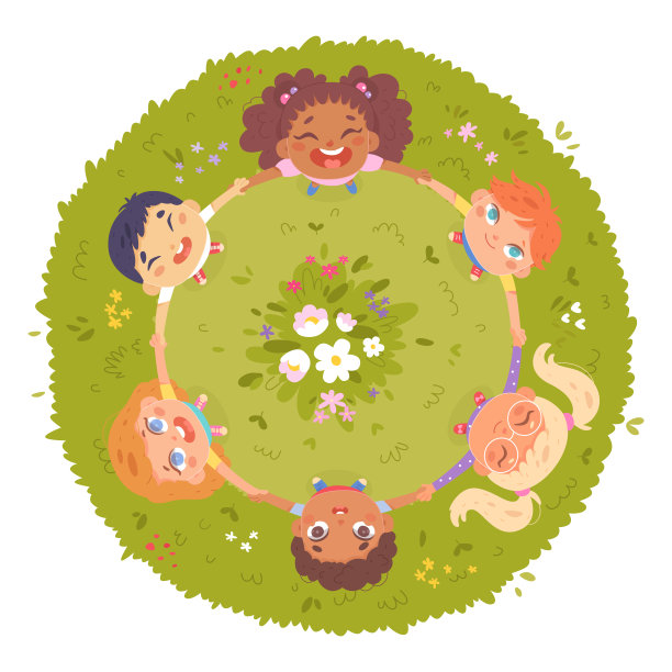 快乐的同学们在绿草如茵的夏季草地上围成圈跳舞玩耍图片下载