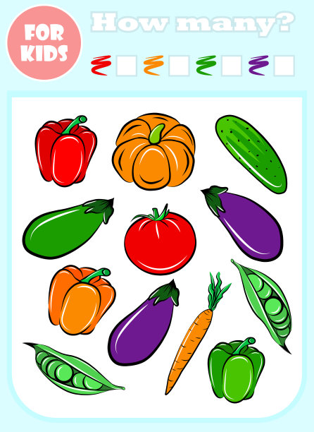 多少个彩色矢量儿童教育游戏。数数教材模板，学前学习概念。卡通手绘插画，孩子们的可爱活动。新鲜蔬菜食品。图片下载
