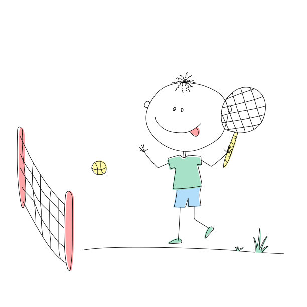 一个男孩打网球的照片。快乐的孩子的画面。图片下载