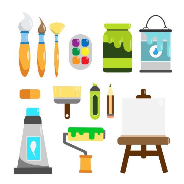 一套丰富多彩的艺术家工具在卡通风格。矢量绘图和绘画工具的插图，画笔，油漆，滚轮，画架，铅笔，橡皮擦，钢笔，水彩在白色背景上的管。图片下载