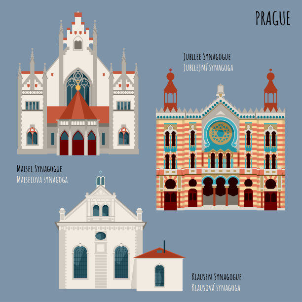 麦瑟尔犹太教堂，朱比利犹太教堂，克劳森犹太教堂。布拉格,捷克共和国。图片下载