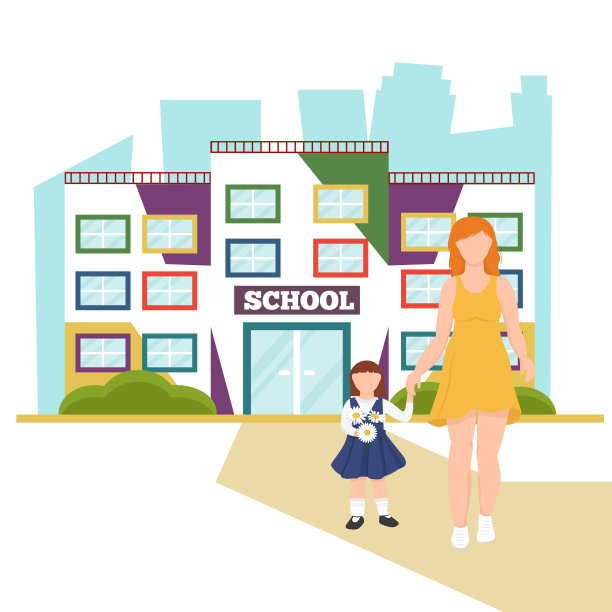 丰富多彩的学校建筑。妈妈领着孩子去学校图片下载