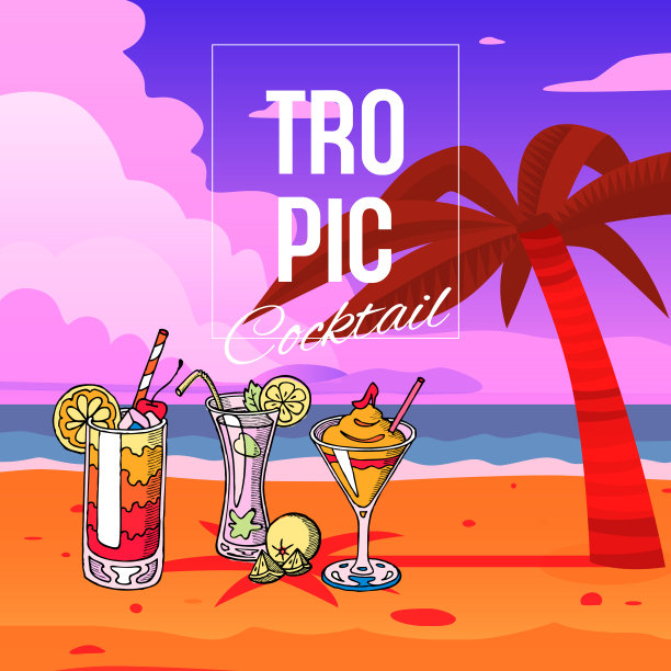 海滩上的热带鸡尾酒和夕阳下的棕榈树图片下载