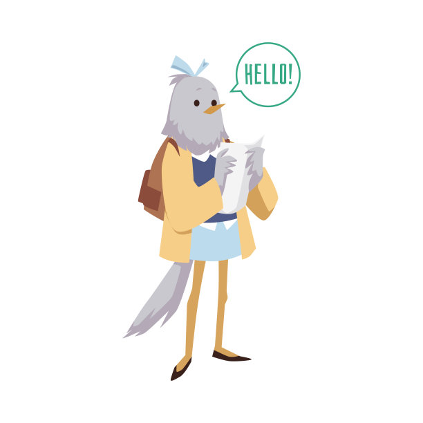 可爱的鸽子在学校制服说你好，平面矢量插图孤立在白色背景。图片下载
