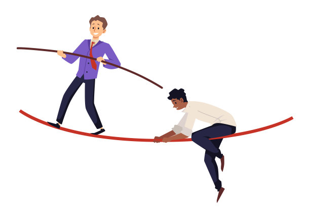 商人走在绳子上，试图保持平衡，平面矢量插图孤立在白色背景。图片下载