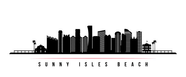 阳光岛海滩天际线水平横幅。佛罗里达州阳光岛海滩的黑白剪影。为您的设计矢量模板。图片下载