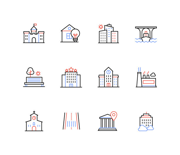 城市对象和建筑的线条设计风格图标图片下载