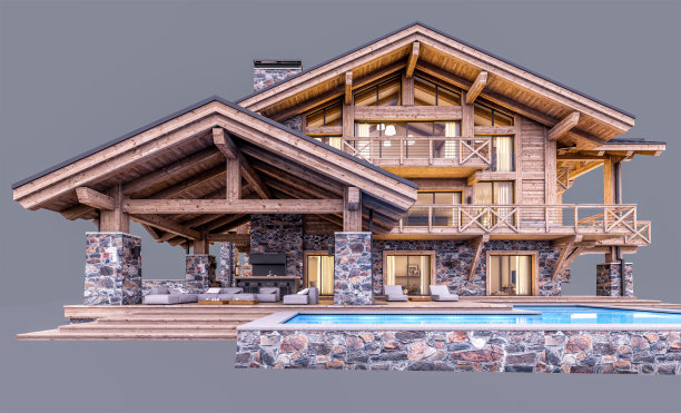 3d渲染现代舒适小屋在傍晚孤立在灰色上图片下载