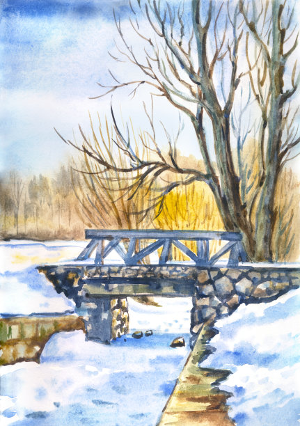 景观与桥和最后的雪图片下载