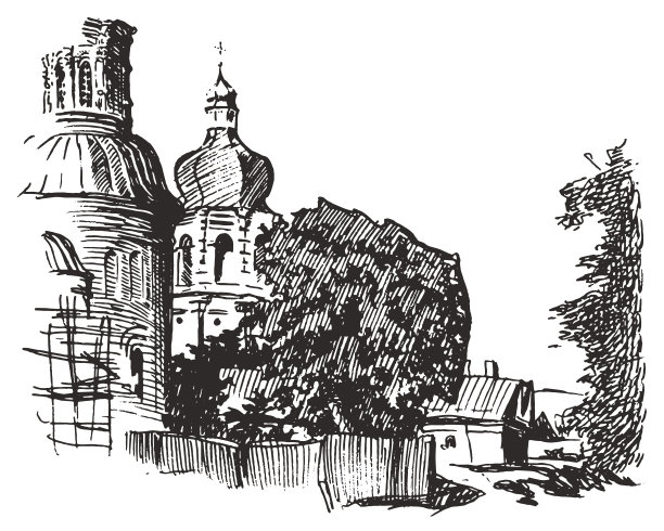 手绘水墨画的风景，切尔尼hiv修道院的庭院，教堂的后殿，钟楼，老树和住宅。向量自动跟踪图片下载