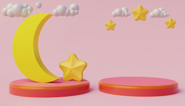 3d渲染的平台Ramadan kareem，可爱的黄色月亮和3d星星卡通marhaban yaa Ramadan图片下载