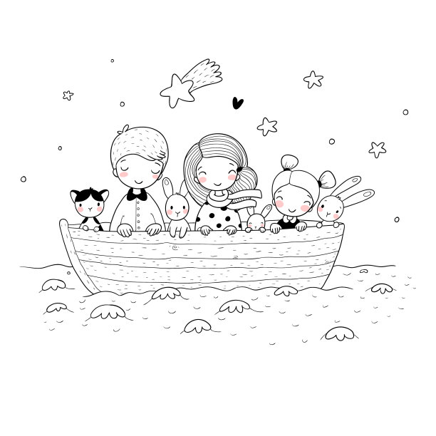 可爱的卡通小孩在船上一个兄弟两个图片下载