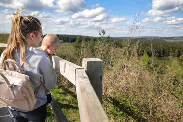 年轻的单身妈妈向她18个月大的女儿展示英格兰南部的森林景观。图片下载