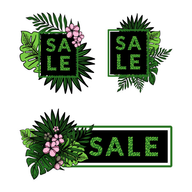 框架组装饰有条纹花，热带棕榈叶，monstera和手绘胡萝卜元素。折扣,贴纸。给你留言的地方。矢量插图。图片下载