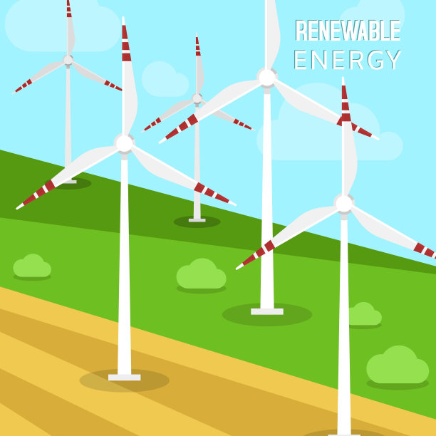 风力涡轮机和风车矢量插图。一片绿地和涡轮机将风力的动能转化为机械动力的景观图片下载