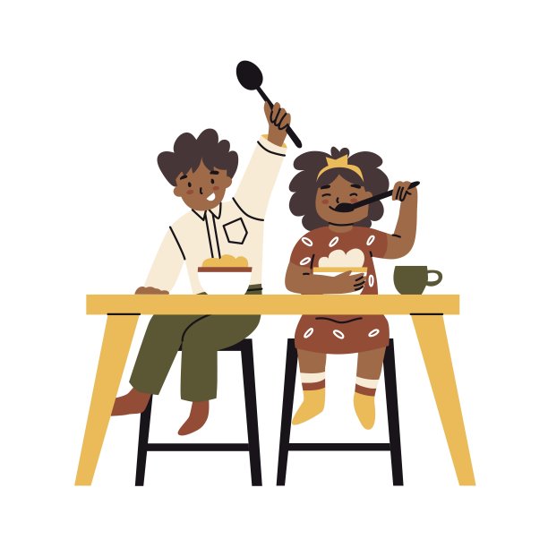 孩子们坐在桌子旁，用勺子喝粥。独立童年，儿童教育，喂养儿童。孩子们的食物。小学时代。平面风格的矢量插图。图片下载