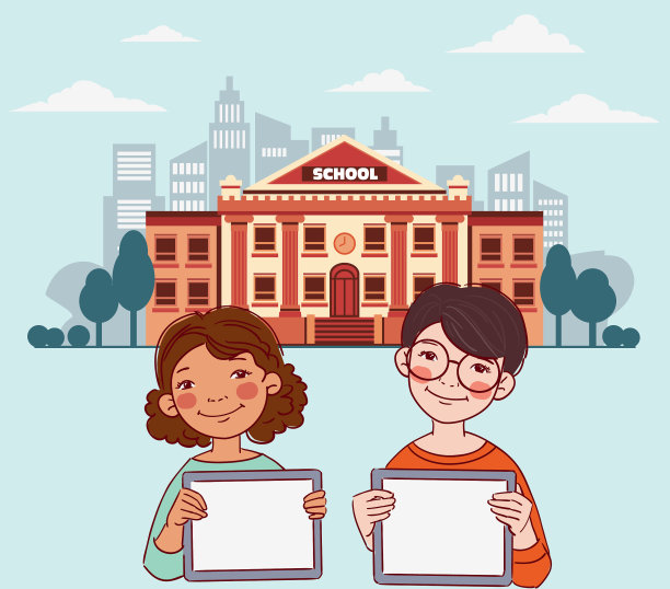 快乐的男孩和女孩在空白的黑板上图片下载