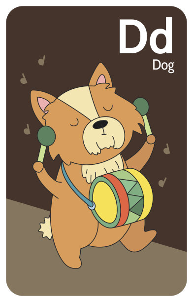 狗D的信。A-Z字母集合与可爱的卡通动物在2D。狗在打鼓。闭着眼睛用鼓槌敲打大鼓的狗。手绘有趣简单的风格。图片下载