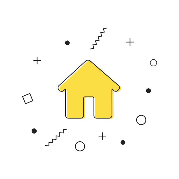 房子图标。黄色的家庭图标与几何形状在白色背景。向量图片下载
