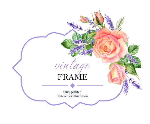 复古卡与水彩玫瑰和薰衣草花。鲜花邀请春天或夏天新娘送礼会，婚礼，生日。在白色背景上孤立的长方形卡片。图片下载