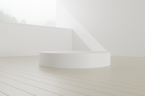 白色室内的3d渲染，木制地板上的讲台，产品介绍。图片下载