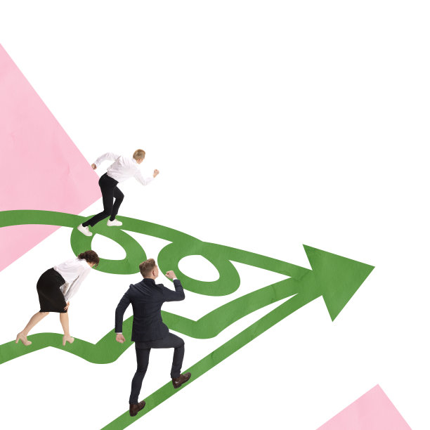 当代艺术拼贴。积极的，集中的员工移动自己的箭头符号指向成功和晋升图片下载