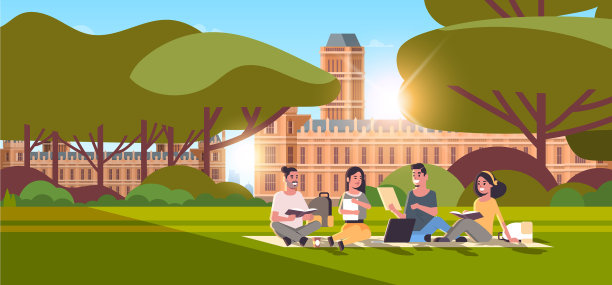 年轻的十几岁的学生群坐在草地上图片下载