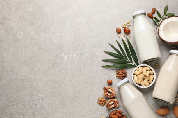 纯素牛奶和不同的坚果放在灰色的桌子上，平铺着。空间的文本图片下载