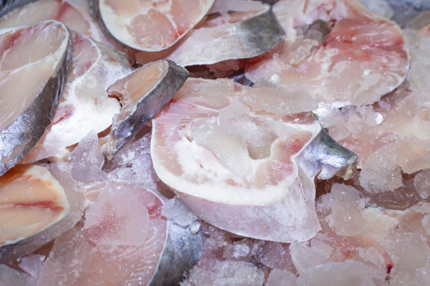 市场上冰冻的鱼片的特写图片下载