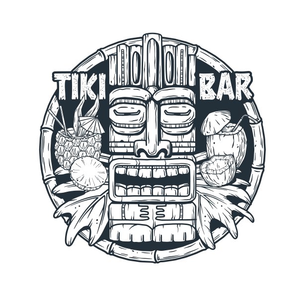 夏威夷的提基酒吧，带提基面具，热带树叶图片下载