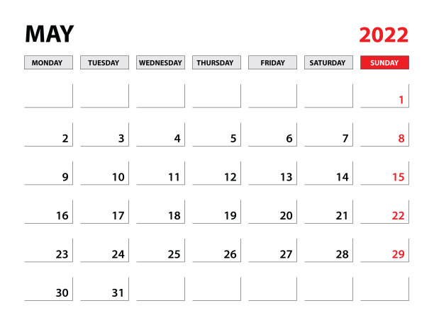 2022年5月年度计划员模板、2022年日历模板、月度和年度计划员。组织者的日记。每周星期一开始，企业计划模板，台历2022，横向布局，矢量图片下载