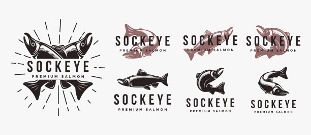 在白色背景上的复古红鲑鱼标志图标向量模板图片下载