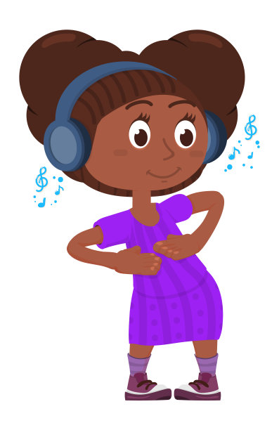 可爱的黑人女孩戴着耳机听音乐跳舞图片下载