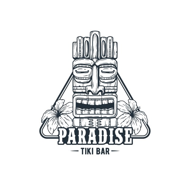 带有热带框架和树叶的提基面具图片下载