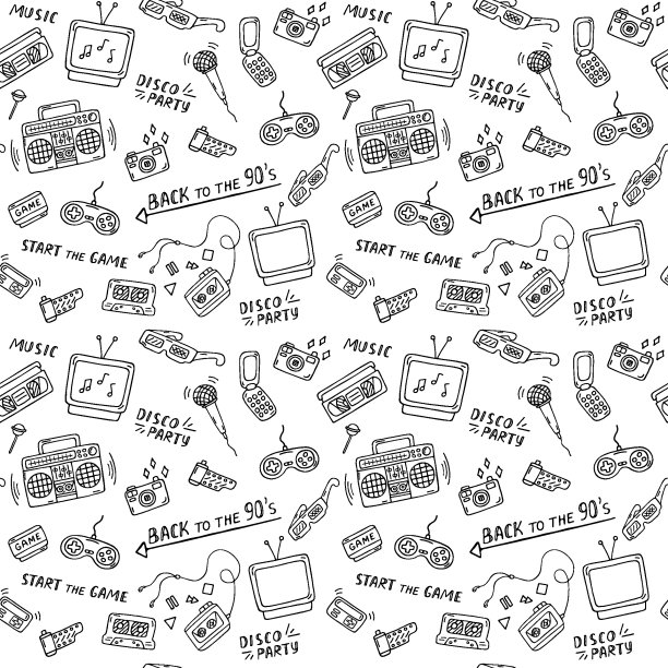 复古黑白图案。90年代涂鸦无缝背景。20世纪90年代流行的矢量图案与手绘元素图片下载