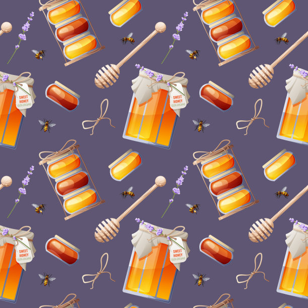 无缝图案与蜂蜜罐，薰衣草，木勺和蜜蜂。适用于纺织品、墙纸、包装纸。售卖蜂蜜产品图片下载