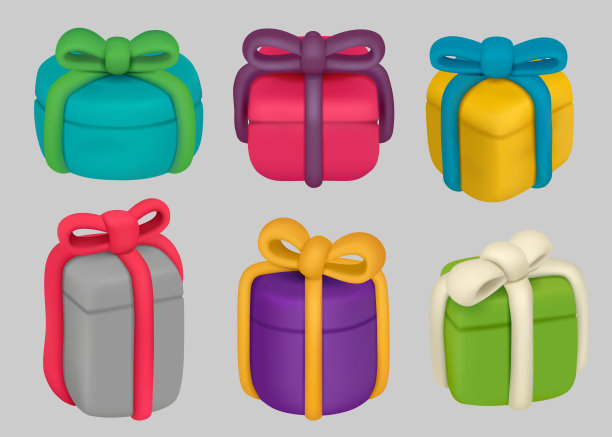 礼物盒。小橡皮泥目前封闭的容器与丝带体面的矢量派对庆祝盒收集图片下载