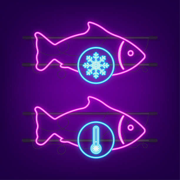 冷冻鱼霓虹灯图标。结霜的有机海鲜，食品。矢量插图。图片下载