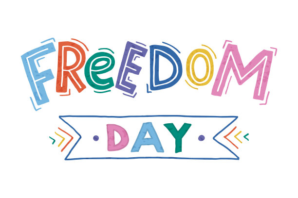 手写的大写题词自由日。白色背景上的彩色字母。图片下载