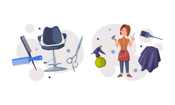 专业女性美发师和工具造型和理发集卡通矢量插图图片下载