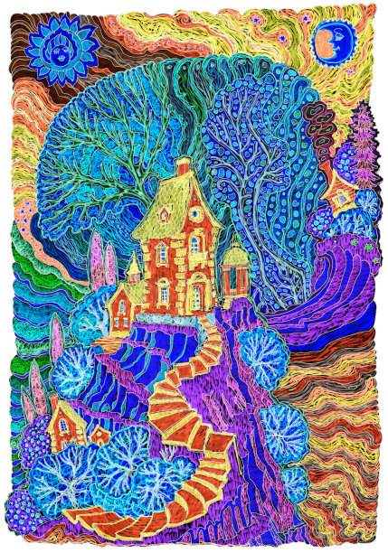 幻想的海洋景观与毡尖笔。地中海岛上童话般的中世纪城堡。印有白色框架的t恤图片下载