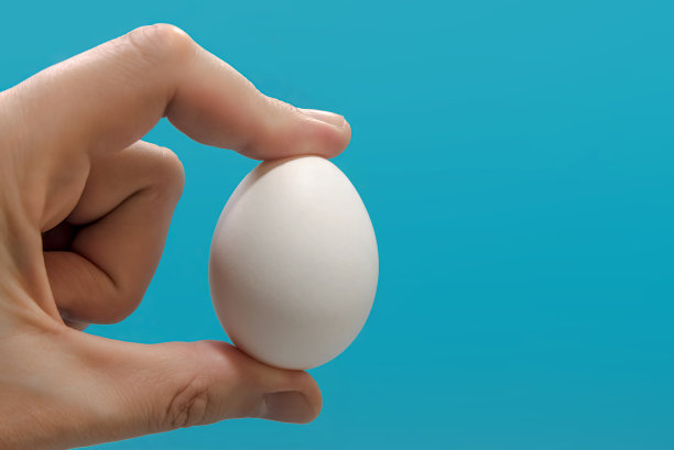 那只手在手指间握着一个蓝色背景上的白色鸡蛋。大的框架。有一个地方放你的课文图片下载