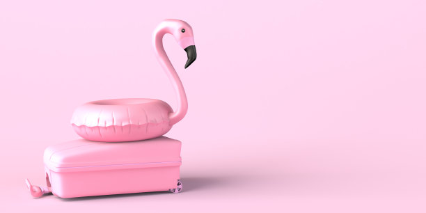 暑假概念手提箱和火烈鸟漂浮。副本的空间。3 d演示。图片下载