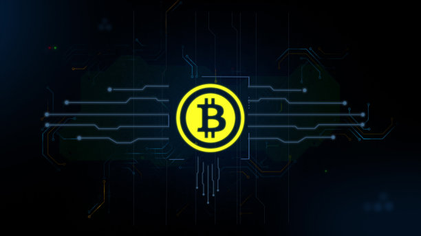 处理器上的比特币符号。比特币加密货币去中心化符号挖掘电路板动画3D。比特币和区块链。图片下载