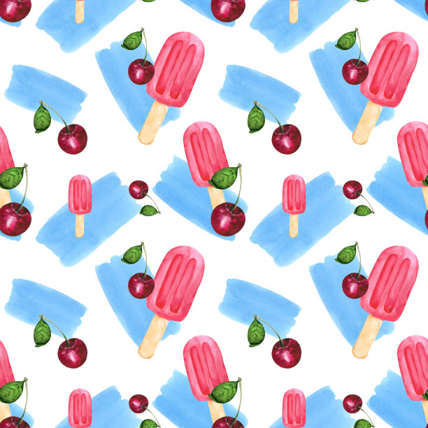 水彩背景与冰淇淋棒和新鲜的樱桃浆果。无缝图案鲜艳的墙纸，纺织品，包装，办公室和床上用品。图片下载