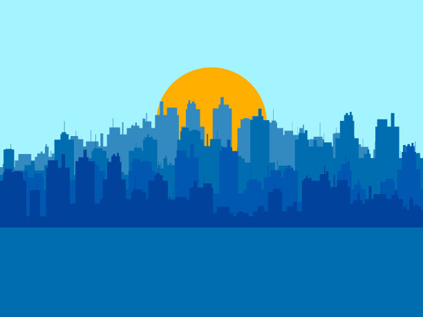 城市上空的日出。摩天大楼林立的大城市全景。建筑轮廓。城市天际线印刷，海报和宣传材料。矢量图图片下载