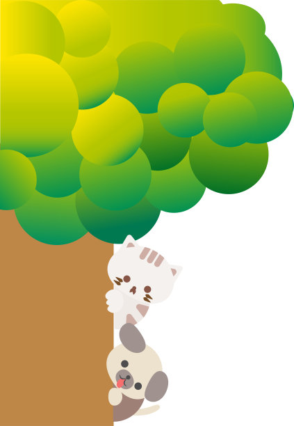 可爱的卡通猫和狗躲在树后面。玩捉迷藏。卡通动物的性格。说明,向量,EPS10图片下载